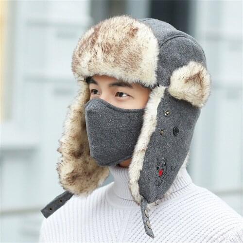 Winter Hats Women Winter Cotton Beanies Hat with Bib and Mask Female Ear Protection Hat Warm Velvet Thick Riding Wool Cap N50