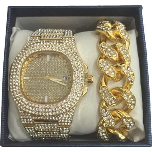 2cm Hip Hop Men Bracelets Gold Color Ice Out Crystal Miami Cuban Chain Men watch +Bracelet set Hip Hop King New