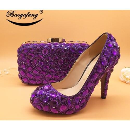BaoYaFang Purple Women wedding shoes high heels platform shoes Ladies Party Dress shoes with matching purse Big size 34-45