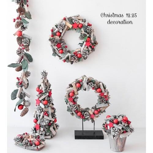 Nordic wood mini Christmas tree ornaments New Year Gifts pine cones rattan candlestick layout pendant Xmas Decorations for Home