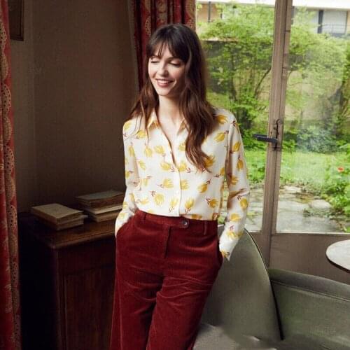 Elfbop Ladies Yellow/Burgundy Long Sleeve Lapel Tulip Print Blouse Shirt Top