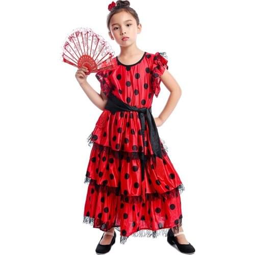 Spain Flamenco Dance Costumes for Girls New Dot Printing Lace Sleeve High Waist Belt Lacing Long Dresses Stage Performance Dress