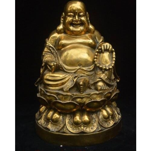 China Buddhism Pure Brass Sit Lotus Flower Happy Laugh Maitreya Buddha Statue