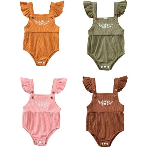 0-12 Months Toddlers Feather Printing Romper, Infant Girls' Flying Sleeve Button Bodysuit, Babies Square Collar Summer Clothing