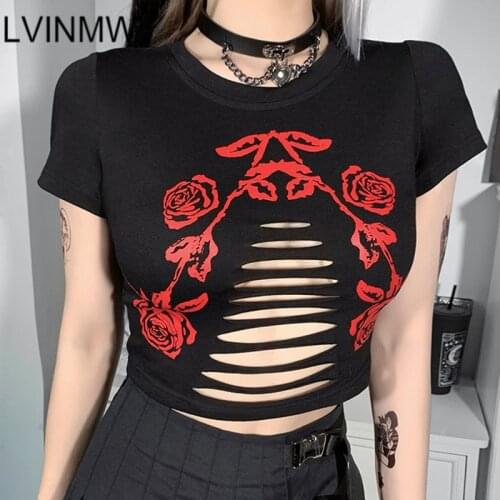 LVINMW Hollow Out Slim Casual Gothic Short Sleeve Crop Top Flower Printing Goth Trendy Tops Women Summer T Shirts Streetwear