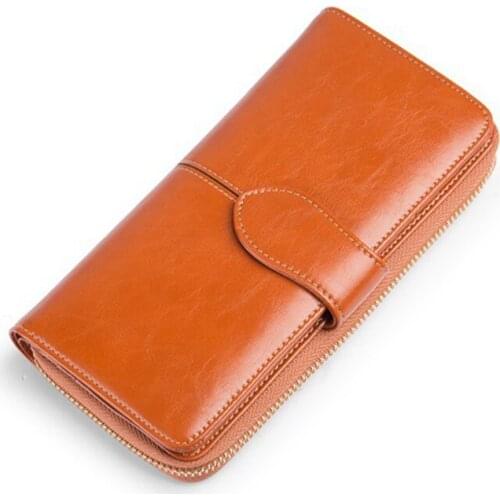 Fashion Genuine Leather Women RFID Wallet Oil Wax Leather Clutch Bag Long Wallets Ladies Coin Purse