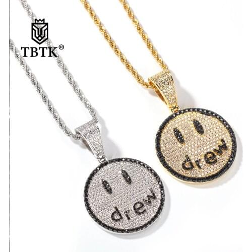 TBTK Smile Face DREW Letter Pendant Necklaces Gold Color And Silver Color Chain Stainless Steel For Men Fashion Jewelry Gift