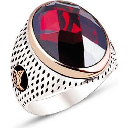 Silver Red Facet Gemstone Point Cased Male Ring