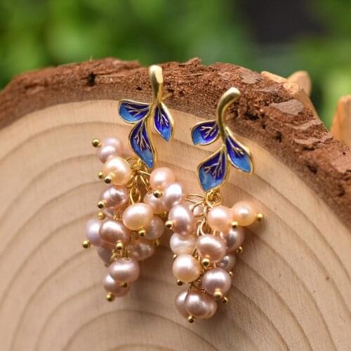 Natural Fresh Water Pink Purple Pearl For Women Party Grape Shape Earrings Fine Jewelry Cloisonne Leaf Ethnic Vintage Earrings