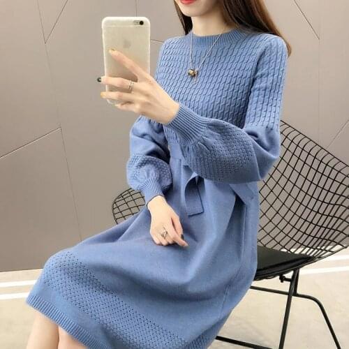 NEW Casual O-Neck Large Size Loose Solid Autumn Winter Sweater Dress Female Mid Long Dresses Sweater Bottoming Maternity Dress