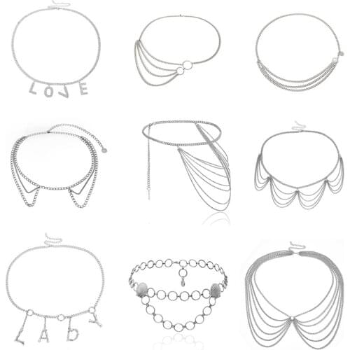 Punk Sexy Multilayer Tassel Gold Color Waist Chain LOVE pendant Harness Belly Chain Women Dress Body Chain Jewelry accessory