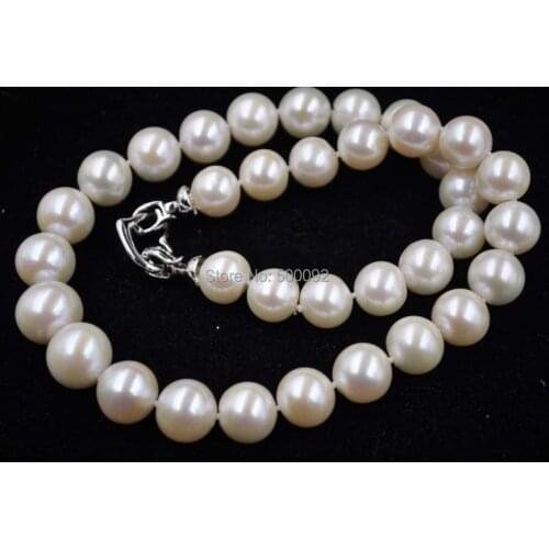 GORGEOUS big 11-14mm round white genuine natural pearl necklace Free P&P