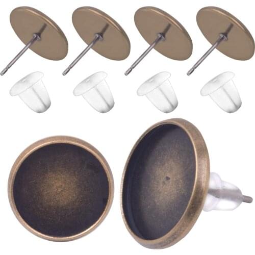 50 Pieces Stud Vintage Bronze Earring Cabochon Setting Post Cup for 12mm and 50 Pieces Clear Rubber Earring Safety Backs