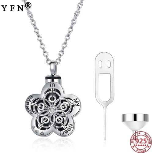YFN 925 Sterling Silver Vintage Flower Urn Necklaces for Ashes Pet Ashes Casket Cremation Pendants Memorial Keepsake Pet Jewelry