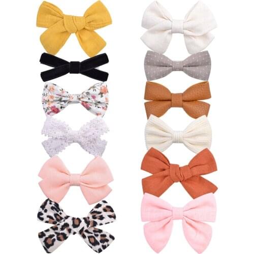 12 Styles Cute Printed Linen Leopard Bowknot Hair Bows Plaid Hair Clips For Girls Safety Hairpin Barrettes Kids Hair Accessories