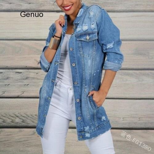 Womens Fashion Long Sleeve Loose Oversize Denim Jackets Casual Ripped Holes Washed Baggy Jeans Coats Outwear