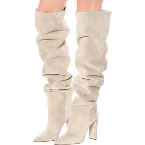 High Quality Woman Spring Winter Velvet Pleated Knee High Boots Square High Heel Slip On Boots