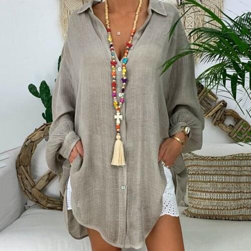 Women Cotton Linen Long Sleeve Button Down Loose Fit Shirts Blouse Tops HSJ88