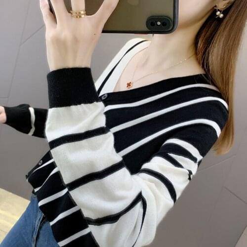 Women Sweaters Autumn Striped Winter Slim-Fit v-neck Top Sweater Inner Wearing Womens Clothing Gas Sweater Black women Cloths
