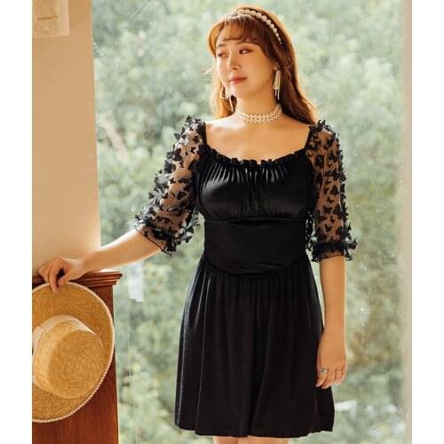 Plus Size Sexy Gauze Swimsuit Women One Piece Solid Swimwear Half Sleeve Korean Style Bathing Suit 2XL-5XL Skirts Pads Wireless