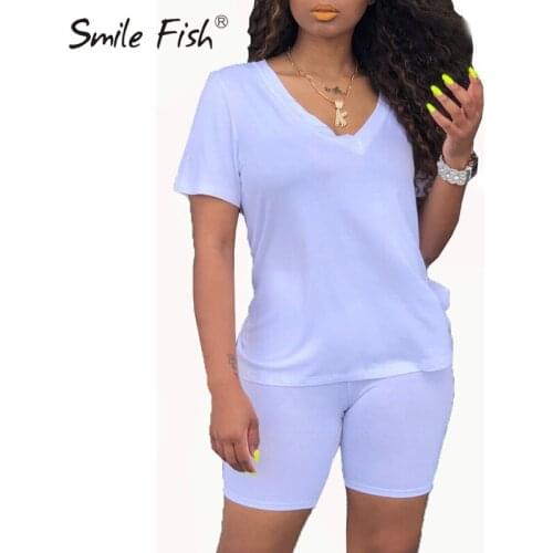 Sporty New Femme Blue Plus Size 2XL Set Outfit Women Solid V-Neck Casual T-shirts Sheath Shorts Summer Two Pieces Sets G1414