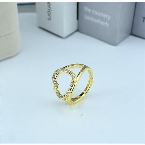 Female Couple Ring Korean New Fashion Ring Hollow Love Opening Adjustable Ring Heart-Shaped Zircon Jewelry Factory Direct Sales