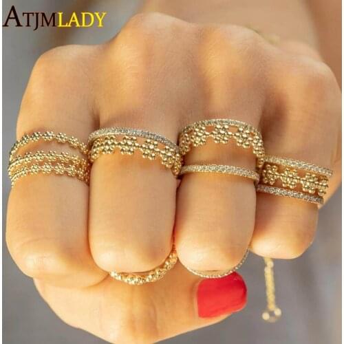 Gold color tiny dots beaded daisy flower eternity band plain no stone top quality lovely dainty stacking band ring for women