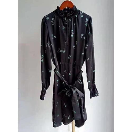 Women Long Sleeve Printed Ruffled Neckline Short Dress With Waist Ties & Elastic Cuffs