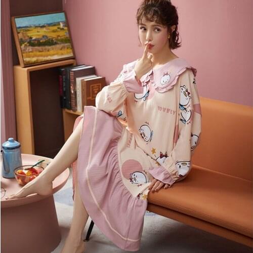 Ladies' nightwear autumn cotton pink pajamas dress long-sleeved nightgown Korean version of loose large sweet girl home wear