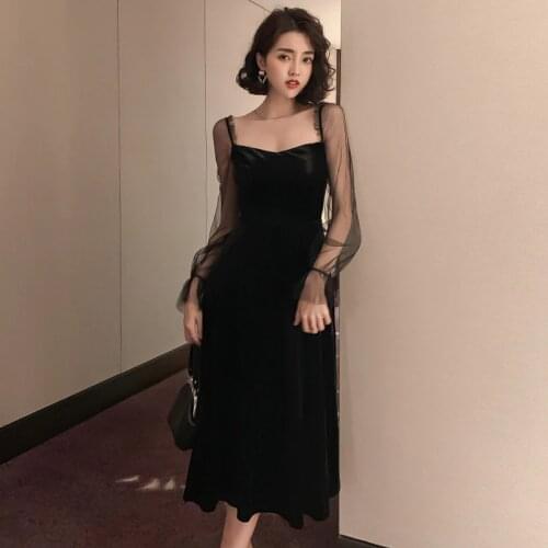 2020 Black Mesh Patchwork Flare Sleeve Velvet Dress Lady Bandage Bodycon Vintage Sexy Party A-Line Dress Autumn Women Dresses