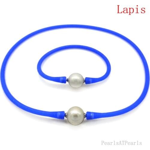 16 inches 10-11mm Natural Oval Pearl Lapis Rubber Silicone Necklace & 7 inches Bracelet Jewelry Set