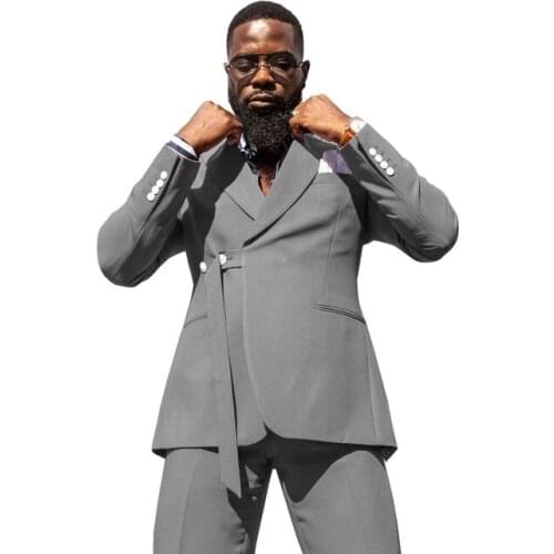 2021 Fashion 2 Pieces Mens Wedding Prom Dinner Party Suits Light Grey Gentleman Suit Double Breasted Groom Tuxedos Best Man Suit