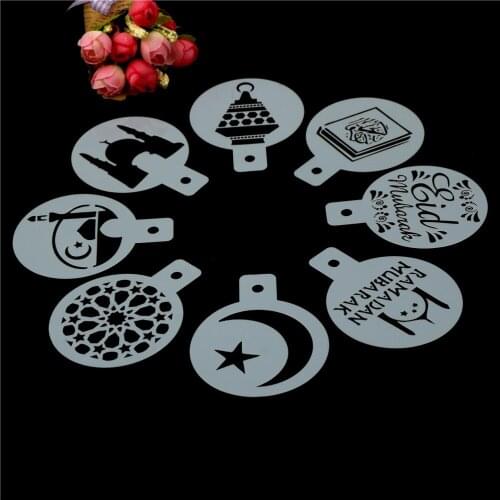 8pcs/set Coffee Printing Template Spray Stencil Fondant Cake Biscuits Decoration Tools Plastic Eid Mubarak Ramadan
