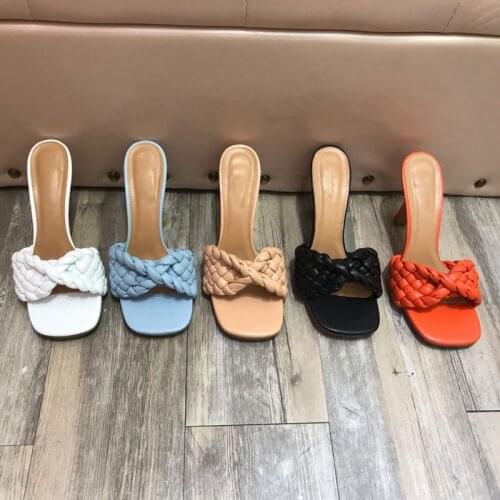 Bailamos 2021 Summer Women Slipper Brand Weave Thin High Heel Sandals Elegant Peep Toe Bow-knot Outdoor Slides Shoes Flip Flop