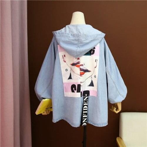 Denim Blue Jean Y2k Jacket Female Spring Autumn Fashion Korean Loose Hooded Hong Kong Style Retro Chic Short Clown Print Coat