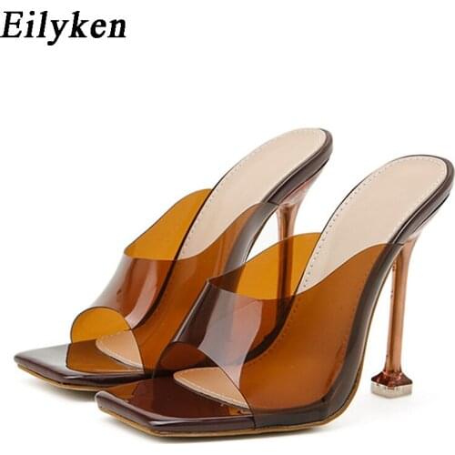 Eilyken New PVC Transparent Jelly Slippers Summer Sexy Open Toe Perspex Crystal High Heels Women Slides Shoes Stiletto Sandals