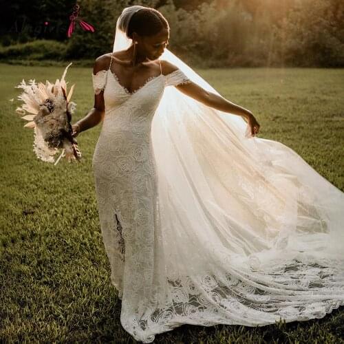 Elegant Lace Wedding Dresses 2021 Spaghetti Strap Sheath Wedding Dress Backless Split Wedding Party Dress Bridal Dress