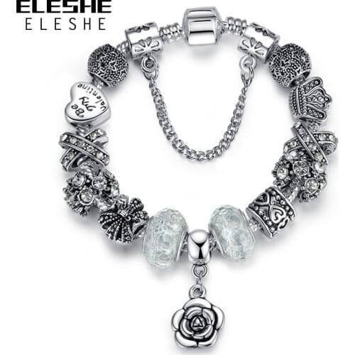 ELESHE Fashion Crystal Rose Flower Heart Beads Bracelets For Women Original Silver Color Charm Bracelet Bangle Clearance Sale