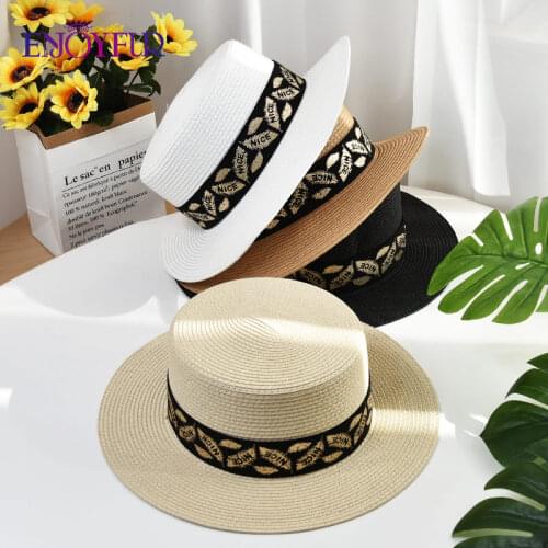 ENJOYFUR New Summer Hats For Women Flat Top Straw Sun Hat UV Protection Beach Caps Fashion Female Outdoor Travel Cap Chapeau