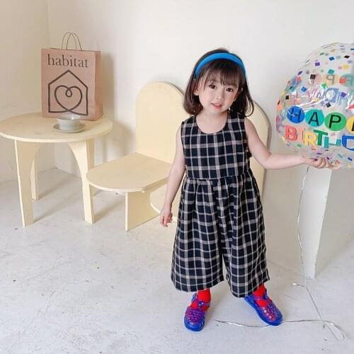 Girls Plaid Jumpsuit One-piece Pants Children Summer2021 New Strap Wide Leg Pants Baby Bodysuit