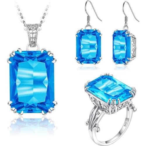 Women Jewelry Sets 100% Genuine 925 Silver Rings Earrings Pendants Topaz Drop Earrings Pendant Ring Set Fine Jewelry For Women