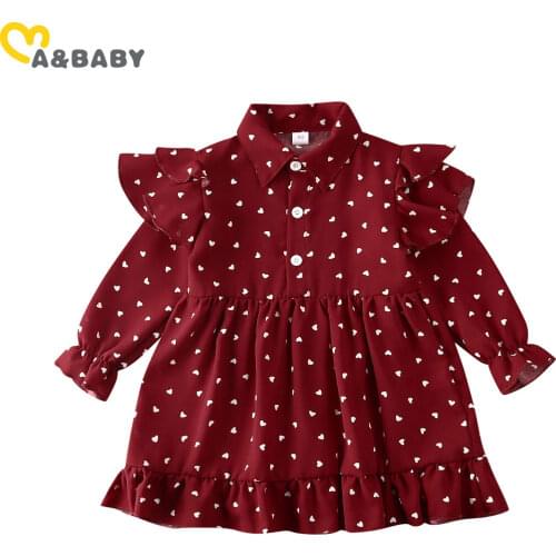 Ma&Baby 1-6Y Spring Summer Children Kid Girl Red Dress Long Sleeve Heart Print Ruffles Dresses For Girls Casual Outfits