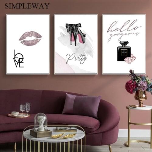 Fashion Lips Canvas Wall Painting Flower Perfume High Heels Poster Print Makeup Salon Art Picture Modern Lady Girl Room Decor