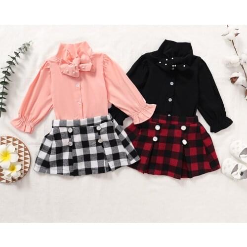 Fashion Toddler Kid Baby Girls Clothes Sets Long Sleeve Bow Blouse Tops Plaid A-Line Pleated Skirts Girls Clothes Set