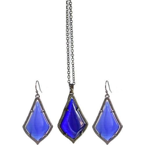 2020 New Designer Inspired Water Drop Cat Stone Statement Inlay Opals Dangle Earrings & Necklace Jewerly Set for Women