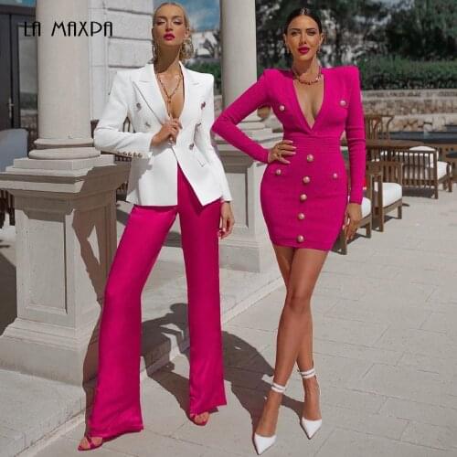 2021 New Long Sleeve Rose Red Metal Button Deep V Neck Sexy Bandage Bodycon Mini Dress Nightclub Club Party Prom Vestidos