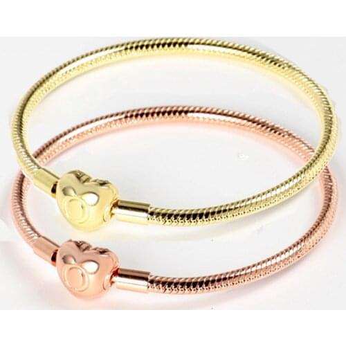 Original Rose Gold Love Heart Clasp Snake Chain Bracelet Bangle Fit 925 Sterling Silver Bead Charm Bracelet Diy Fine Jewelry