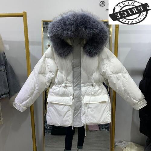 Down 2021 Womens Jacket Silver Fox Fur Collar Autumn Winter White Duck Down Coat Female Shiny Fashion Jackets Women a115