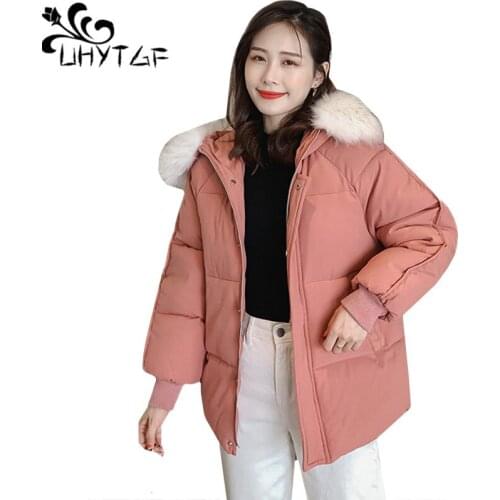 UHYTGF down jacket women 2020 winter coats fashion fur collar hooded thicken cold warm short jackets Korean plus size coat 1778