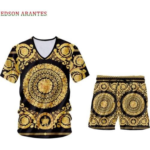 Luxury Palace Golden Flower 3D Print Mens Sets Summer Short Sleeve T-shirt & Shorts Tracksuit Unisex Clothes Customized XS-6XL